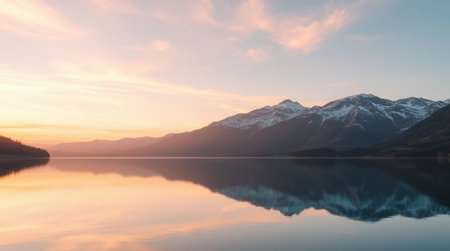 Sunset over the lake with snow capped mountains reflected in the water