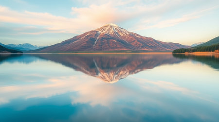 Mount Fuji reflected in Lake Yamanaka, Yamanashi, Japanの写真素材