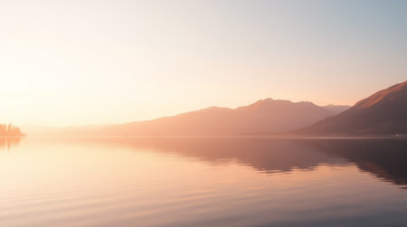 Sunset over a lake with mountains in the background.
