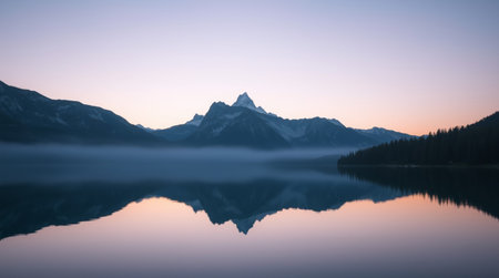 Mountain lake at sunrise with reflection in water, Canadian Rockies, Alberta, Canada