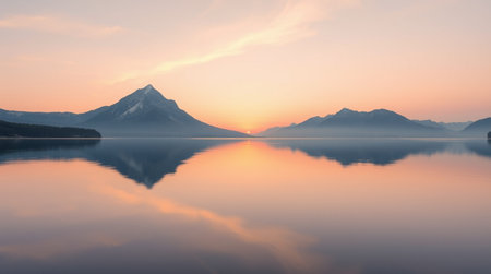 Mountains reflected in a lake at sunrise, Canada.