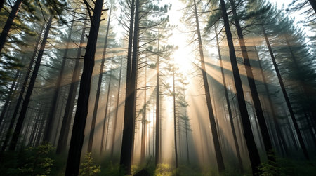 Beautiful forest with sun rays in the morning. Nature background.