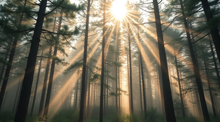 Beautiful sunrise in the forest with fog and sunbeams.の写真素材