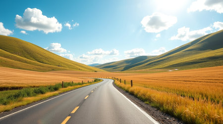 Asphalt road in the grassland with blue sky and white clouds