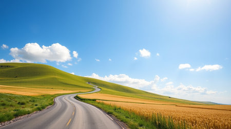 Rural road through the fields of wheat and blue sky with clouds
