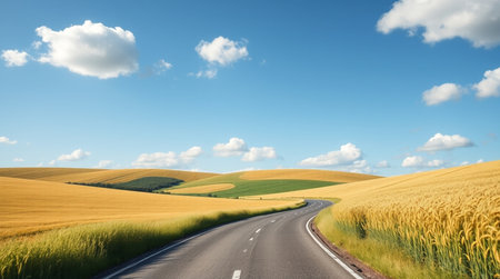 Asphalt road through wheat field and blue sky with white clouds.