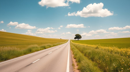 Country road with a tree in the middle of a yellow field and blue sky