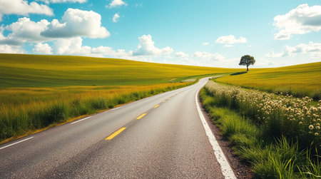 Asphalt road in the fields of Tuscany, Italy.