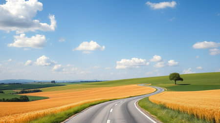 Asphalt road through wheat field and blue sky with white clouds.