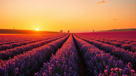 Sunset over lavender fields in Provence, France.