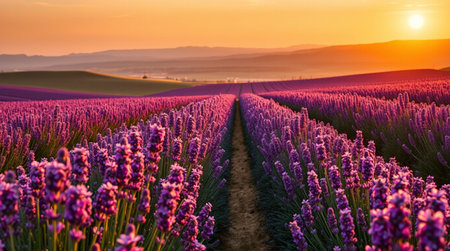 Sunset over lavender field in Valensole, Provence, France
