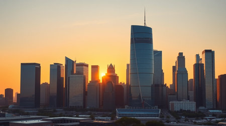 Shanghai skyline at sunset, China.