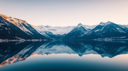 Panoramic view of the snow-capped mountains reflected in a lake.