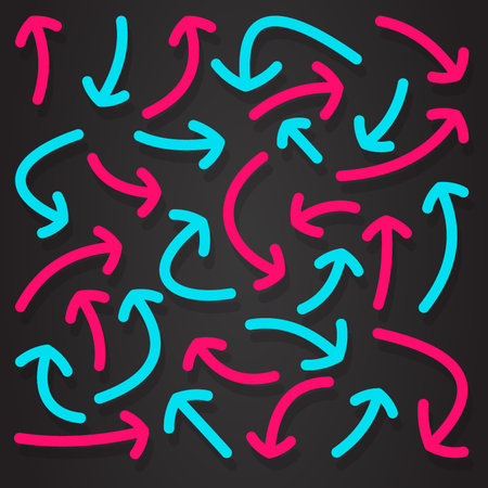 Transparent editable and scalable vector magenta pink and baby blue neon arrowsのイラスト素材