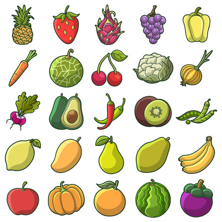 Free vector bundle assorted fruits and vegetables cute hand drawn art styleのイラスト素材