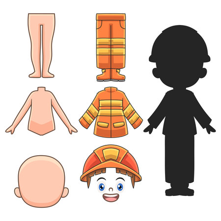 firefighter man cartoon illustration puzzle game setのイラスト素材