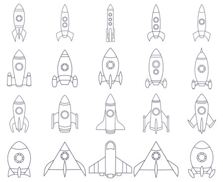 Illustration of various spaceships and rocket, line art style and silhouettesのイラスト素材