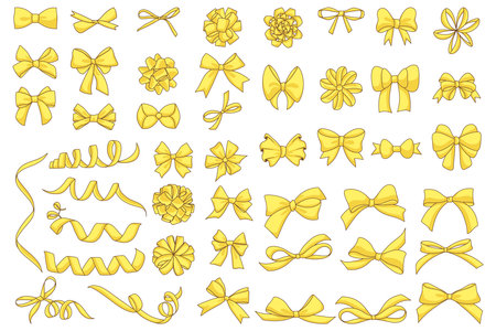 Bundle of assorted gold ribbon styles perfect for use as decoration and stickerのイラスト素材