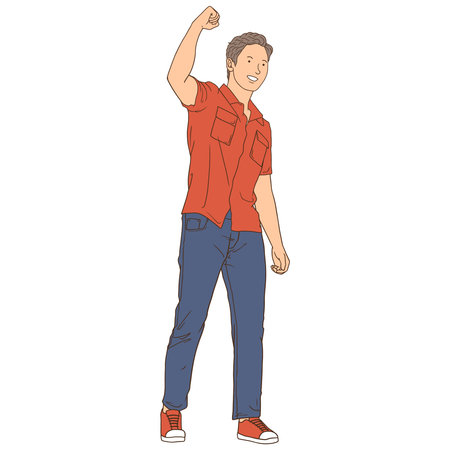 Cartoon illustration of man standing straight clenched fistのイラスト素材