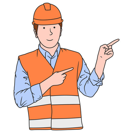 Cartoon illustration of construction worker pointing poseのイラスト素材