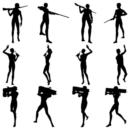 Bundle of various poses holding firearms and weaponsのイラスト素材
