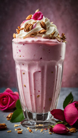 Strawberry milkshake with whipped cream and almonds in glassの写真素材