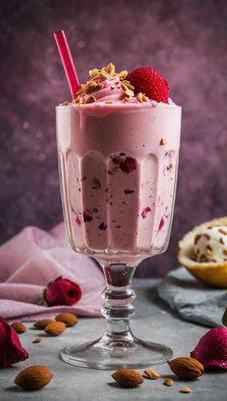 Strawberry milkshake with fresh berries and nuts in glassの写真素材