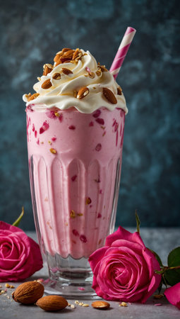Pink milkshake with whipped cream and almonds in glass on blue backgroundの写真素材