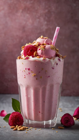 Raspberry smoothie with granola and yogurt in a glass.の写真素材