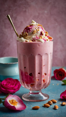 Raspberry milkshake with whipped cream and almonds. style vintage. selective focusの写真素材