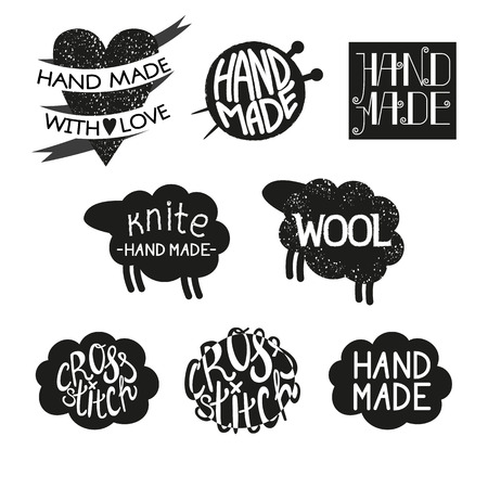 Set of different styles hand made logotypes design elements and labels. Hand made, made with love, cross-stitch Vector illustrationのイラスト素材