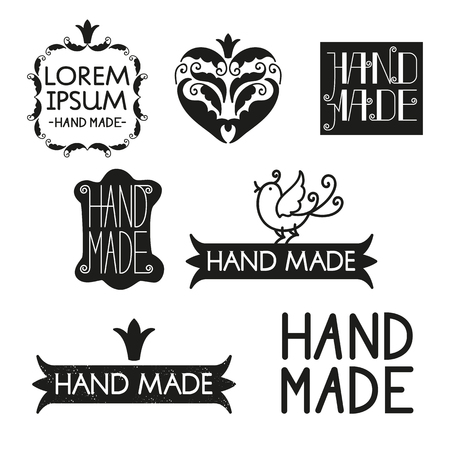 Set of different styles hand made logotypes design elements and labels. Hand made, made with love. Vector illustrationのイラスト素材