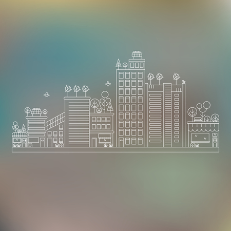 Line design vector illustration with ecology city. Green city concept with eco icons. Green energy - green house, wind turbines, solar panels.のイラスト素材