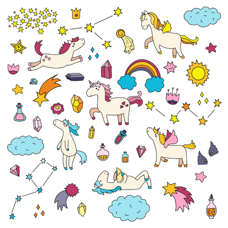 Cute unicorn and pony collection with magic itemsのイラスト素材