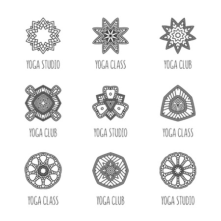 Vector yoga mandala line badges. Graphic design elements in outline style.のイラスト素材