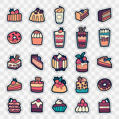 Set of Fashion patch badges with cute sweets - ice cream, pudding, donut, cake, cheesecake. Perfect design for stickers, pins, embroidery patches. Vector illustration.のイラスト素材