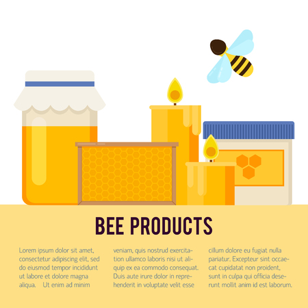 Beekeeping vector concept with different  items. Modern flat style vector. Honey illustration. Apiary concept.のイラスト素材