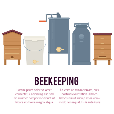 Beekeeping vector concept with different  items. Modern flat style vector. Honey illustration. Apiary concept.のイラスト素材