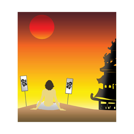 Asian sunset, monk sits on sand and meditatesのイラスト素材