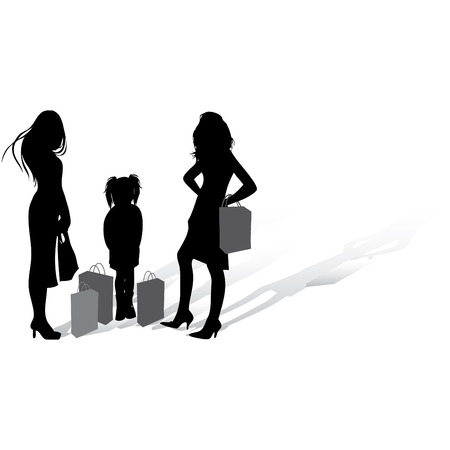 Shopping woman and little girl with bags in the market のイラスト素材