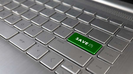 Saving button on the laptop keyboard. Business conceptual 3D rendering