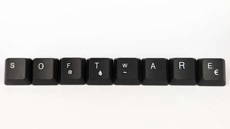 Keyboard keys with the word social media written in black on a white backgroundの写真素材