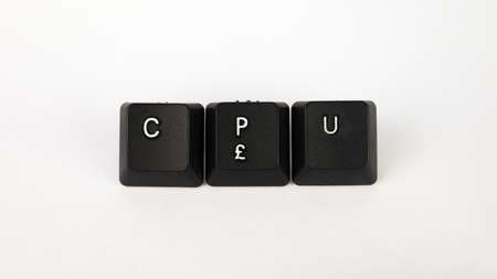 Computer keyboard keys spelling the word cppu isolated on white backgroundの写真素材