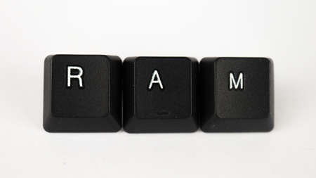 Computer keyboard keys spelling the word rama isolated on white background.