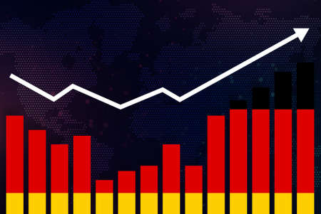 Flag of Germany and growing graph on world map background. Vector illustration.