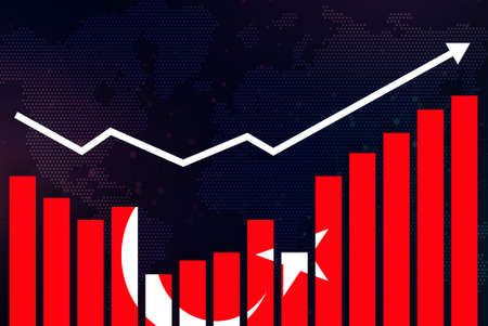 Flag of Turkey and falling down graph on world map background. Economic crisis concept.の写真素材