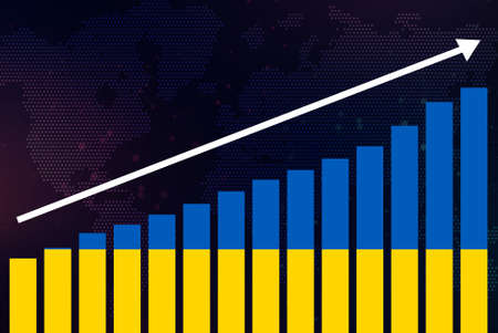 Flag of Ukraine on the background of the world map and a growing graph.