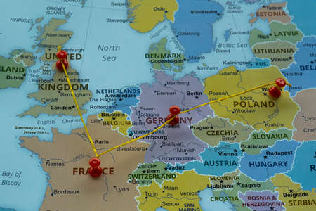 Travel to Europe. Red pins on the map of Europe. Close-upの写真素材