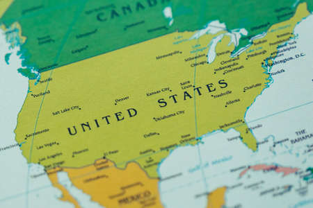 A closeup shot of the United States of America on a map