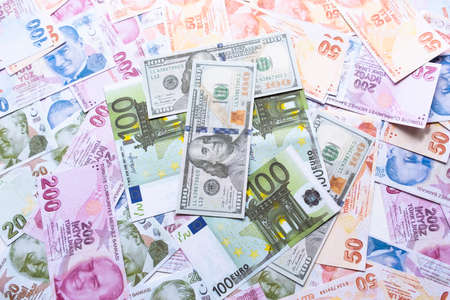 Money background. Dollar, euro, ruble banknotes. Top view.